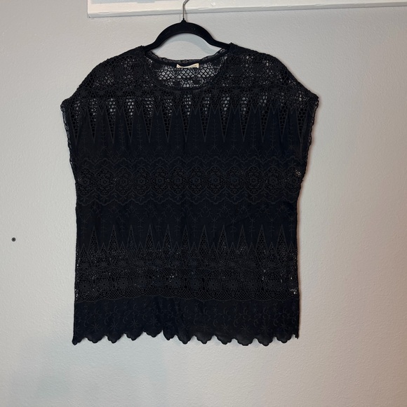 Ulla Johnson Crochet Sheer Lace Blouse Size 8 Black Cap Sleeve Floral Scalloped - Picture 2 of 12